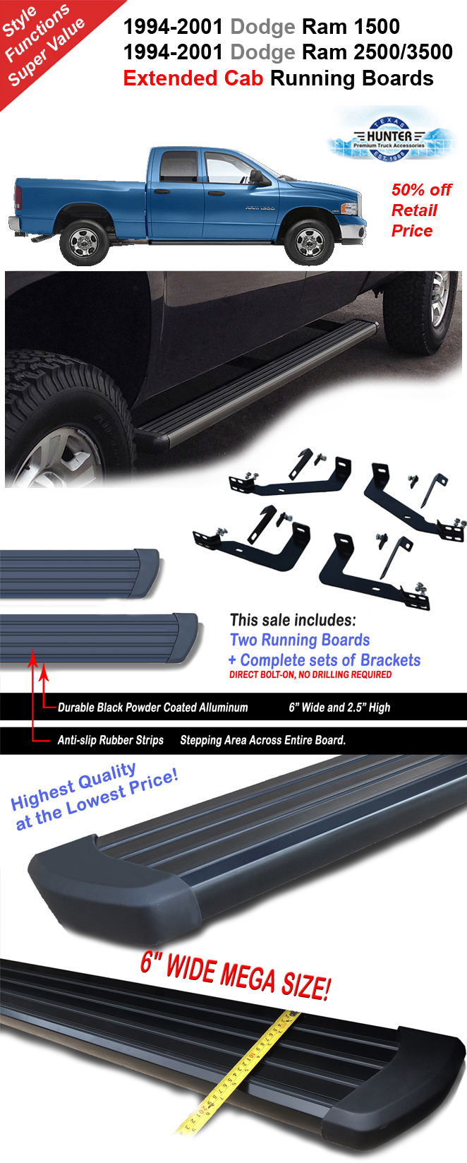 1994-2001 Dodge Ram 1500/2500/3500 Ext Cab 6" Running Boards in Coated Black | eBay 2001 Dodge Ram 2500 Extended Cab Running Boards